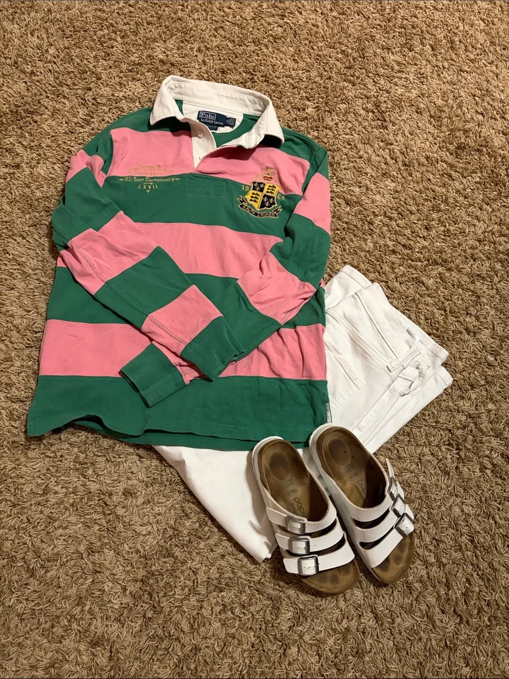 Polo by Ralph Lauren Men's/Unisex Green & Pink Striped Rugby Shirt Vintage 90s